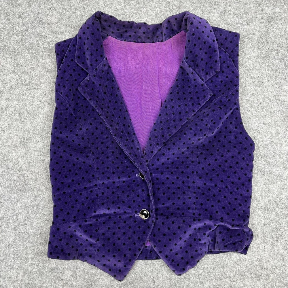 Womens Purple Velvet Polka Dot Crop Vest Waistcoat XS Whimsigoth 90s Victorian